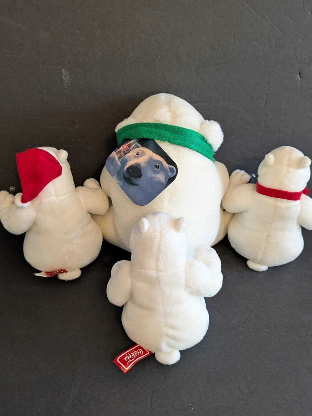 Coca Cola Plush Polar Bear Family with Green & Red Scarfs  & Cola Bottles 1993